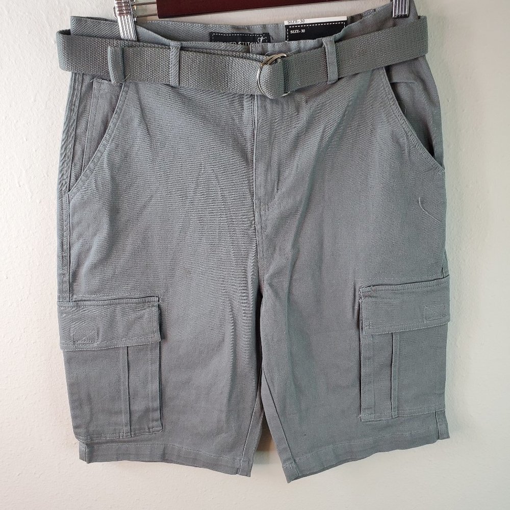 Wicked Stitch Mens Grey Khaki Flex Fabric Belted Shorts